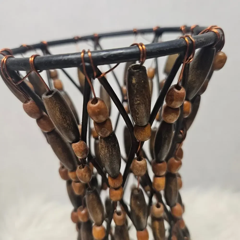 Vintage Brown Beaded Wood Vase - Boho Decorative Core for Faux Flowers - 10